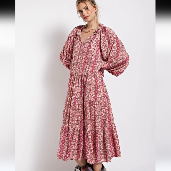 New! Easel Paisley Pink Printed Long Sleeve Gauze Maxi Dress - Picture 3 of 6